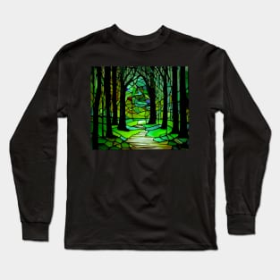 Stained Glass Forest Design Colorful Trees Landscape Long Sleeve T-Shirt